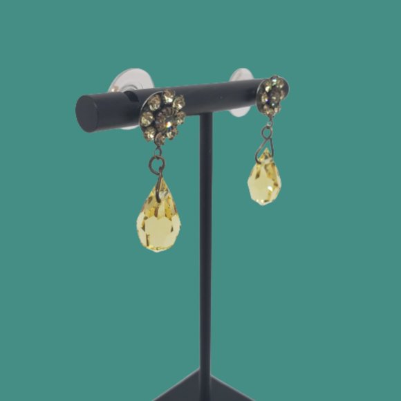 Vintage Yellow Rhinestone or Crystal Dangle/Drop Flower Earrings - Picture 1 of 10